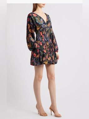 Floral V-Neck Long Sleeve Bubble hem Mini Dress in Black